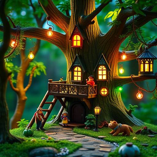 A detailed view of the Enchanted Forest Adventure Playset, showing a miniature treehouse and figurines