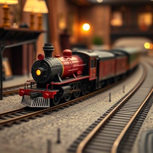 Model train set with tracks and a locomotive